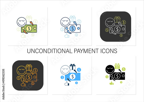 Unconditional payment icons set. Mandatory contribution. Profitable investment. Universal basic income concept.Collection of icons in linear, filled, color styles.Isolated vector illustrations