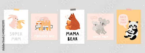 Mother's Day hand drawn style cards. posters with cute animal characters - mother and baby - panda, bear, koala, sloth, penguin and rabbit.