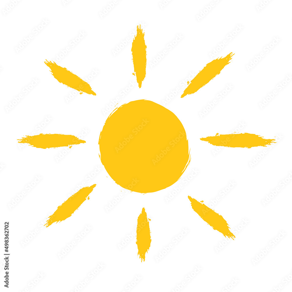 The sun hand-drawn with a brush stroke. Vector grunge clipart isolated on white background.