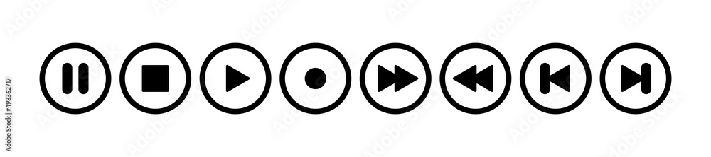 Multimedia buttons. Set of play buttons. Cartoon icons Play, pause, forward, skip and stop. Vector clipart isolated on white background. Multimedia buttons. Set of play buttons. Cartoon icons Play, pause, forward, skip and stop. Vector clipart isolated on white background.