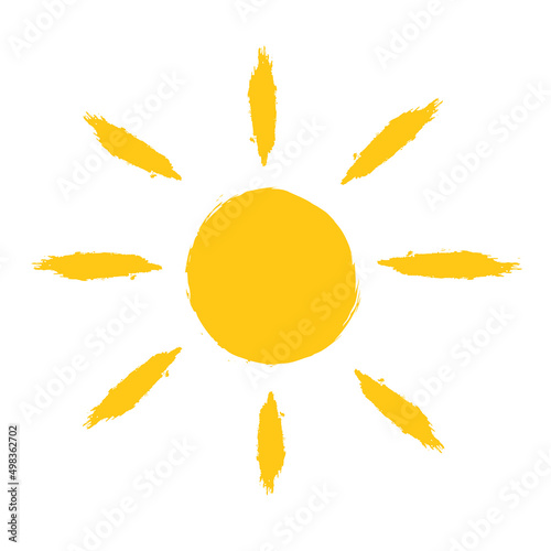 The sun hand-drawn with a brush stroke. Vector grunge clipart isolated on white background.