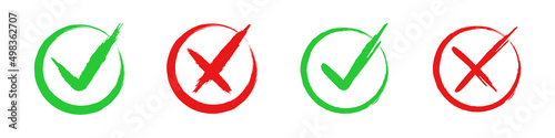 Ok and Cancel vintage buttons. Red and green round icons. Vector clipart isolated on white background.