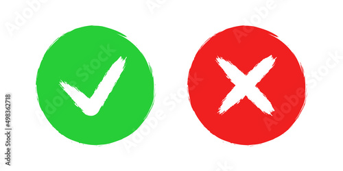Ok and Cancel vintage buttons. Red and green round icons. Vector clipart isolated on white background.