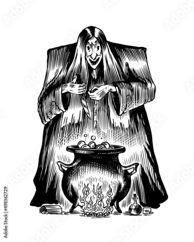 The old witch conjures and brews a potion in a cauldron. Ancient mythical Magic character. Engraved monochrome sketch. Hand drawn vintage Fortune illustration.