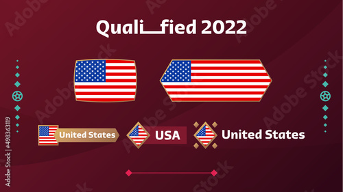 Set of usa flag and text on 2022 football tournament background. Vector illustration Football Pattern for banner, card, website. national flag united states Qatar cup. world 2022