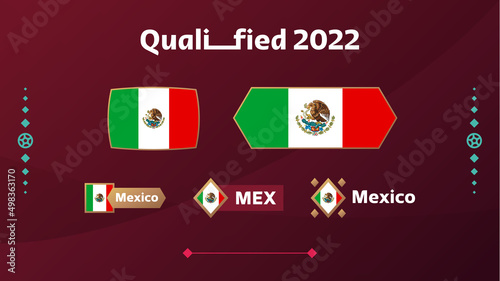 Set of mexico flag and text on 2022 football tournament background. Vector illustration Football Pattern for banner, card, website. national flag mexico Qatar cup. world 2022