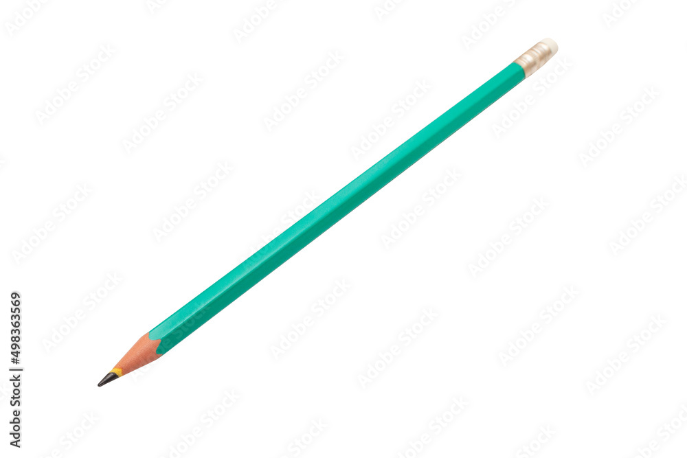Black graphite pencil in green on a white background. Isolated. With an eraser. Black graphite pencil in green on a white background. Isolated. With an eraser.