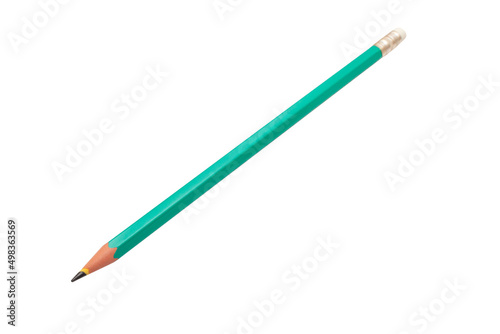 Black graphite pencil in green on a white background. Isolated. With an eraser.