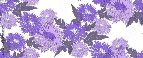 Duotone seamless pattern with flowers and leaves on white background. Vector floral swatch for wallpaper, bedding, home textile, fabric, poster, package.
