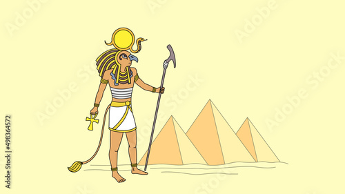 The ancient Egyptian god Amon in the desert on a background with pyramids and sand dunes, the tombs of the pharaohs in Egypt and the figure of Amon Ra.