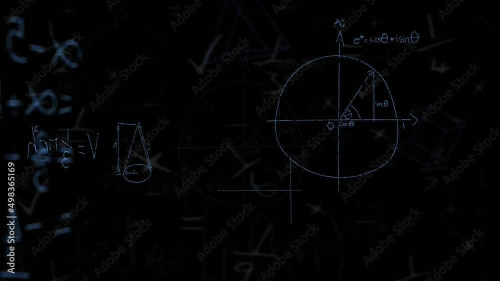 Animation of mathematical equations and moving shapes on black background Animation of mathematical equations and moving shapes on black background