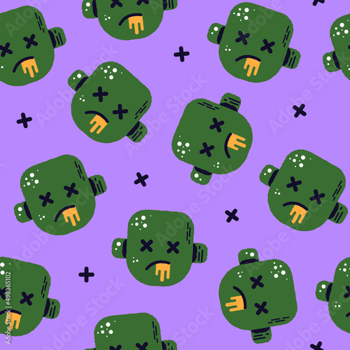 Cute zombie seamless pattern. Print with green heads isolated on purple backdrop. Endless vector illustration for Halloween, fabric, wrapping paper, backgrounds. Cartoon flat style