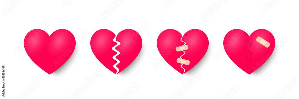 Broken hearts set of 3d realistic icons. Heartbreak with bandage. Pain, broken love heart or divorce icons. Heal relationship, loneliness hurts and healthy love. Red heart with plaster. Vector - obrazy, fototapety, plakaty 
