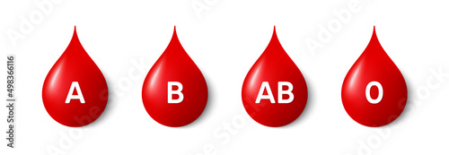 Blood groups 3d drops. Blood types A, B, AB and O donation. Red plasma liquid in the form of a 3d drop. Transfusion of different types of blood. Hospital clinic donate. Vector