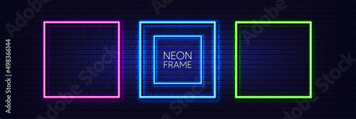 Neon square border with copy space. Set of neon light frames. Pink, blue and green fluorescent glow lines. Electric led lights franes on brick wall. Square geometric shapes with neon light. Vector