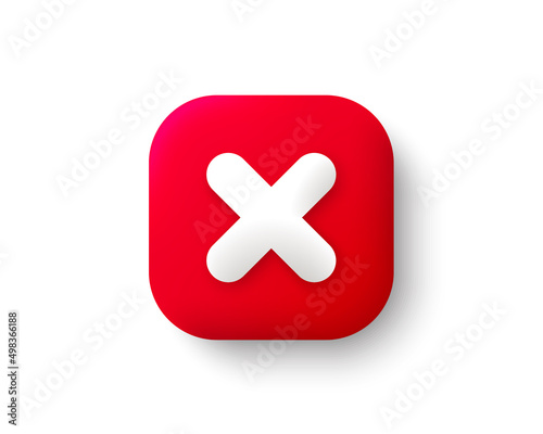 Cancel red 3d icon. Delete sign, close symbol, wrong and reject button. No or deny icon isolated white background. Cancel mobile app 3d button. Reject checkbox element. Vector photo