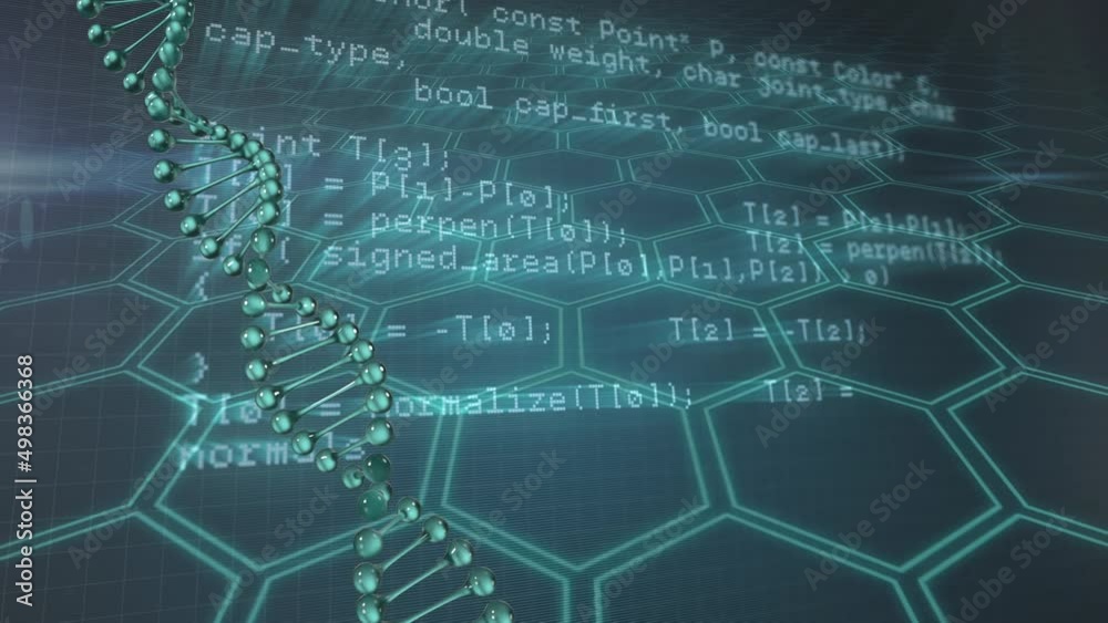 Animation of spinning dna strand over data processing Animation of spinning dna strand over data processing