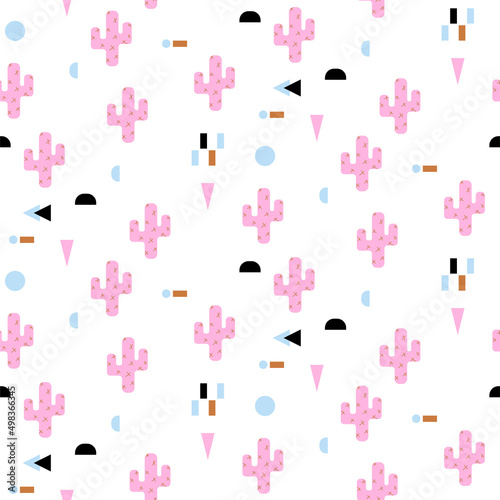 Seamless cactus pattern childish fabric print. White and pink girl background.