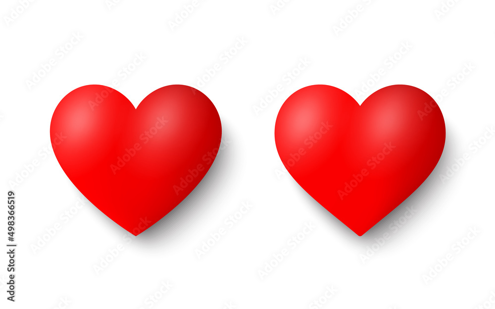 3d hearts with shadow isolated on white background. Valentines day realistic red love hearts. Romantic 3d shapes, wedding objects. Valentine decoration elements. Love vector