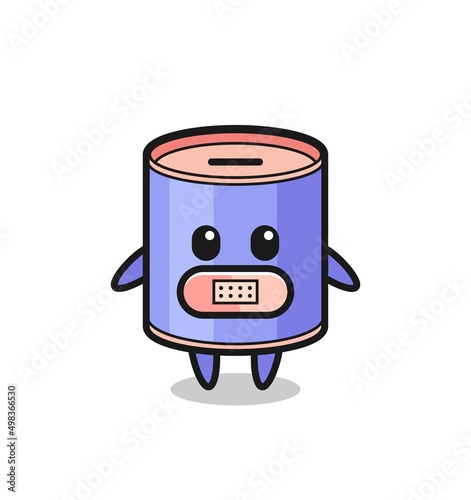 Cartoon Illustration of cylinder piggy bank with tape on mouth