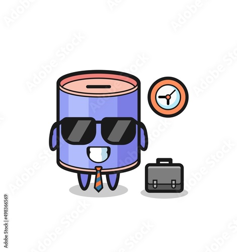 Cartoon mascot of cylinder piggy bank as a businessman