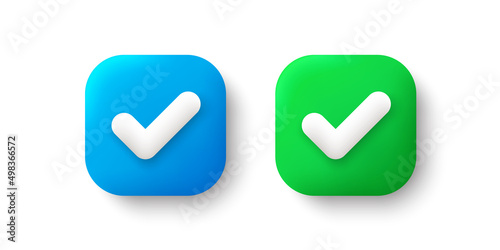 Like or correct icon isolated white background. Checkmark 3d button for mobile app. Confirm checklist web icon. 3d check button for mobile app. Ok, success or right choice. Render vector photo