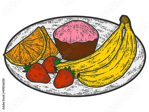 On a plate cake and fruits. Line art sketch picture. Hand drawn.