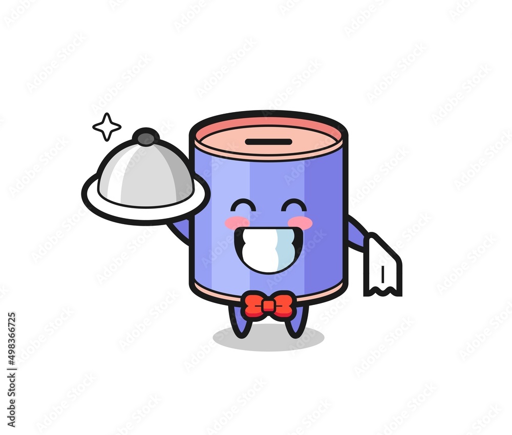 Character mascot of cylinder piggy bank as a waiters