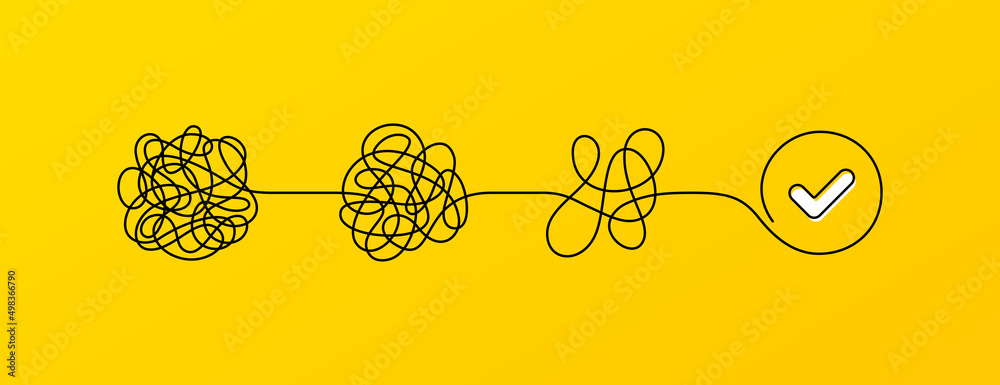 Tangle of thoughts, psychological stress and easy problem solving. Psychology solution concept. Confused purpose, trouble solution and think easy. Psychology path, stress reduction. Vector
