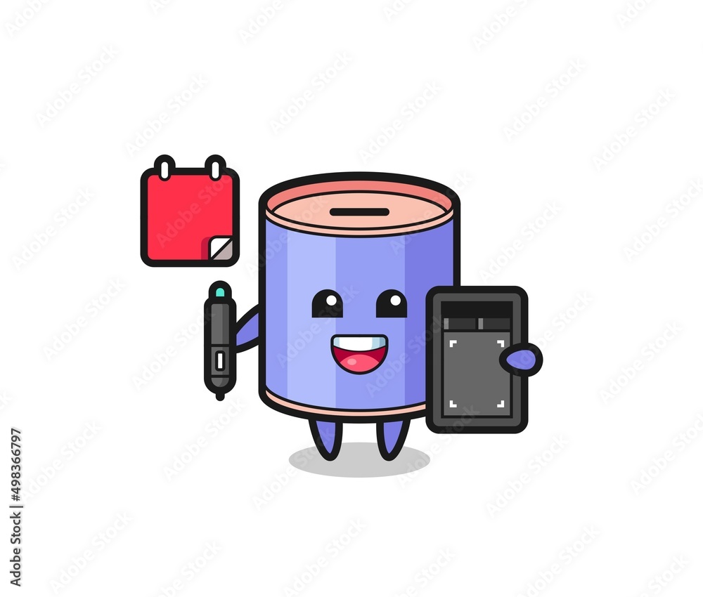 Illustration of cylinder piggy bank mascot as a graphic designer