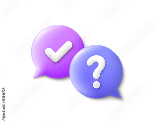 Quiz 3d speech bubble. Question mark with check sign. Ask help, Question and Answer bubble. Support dialogue 3d banner. Information tag shape, think speech bubbles. Quiz answer label. Vector