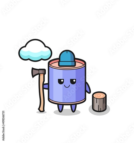 Character cartoon of cylinder piggy bank as a woodcutter