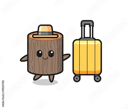 tree stump cartoon illustration with luggage on vacation