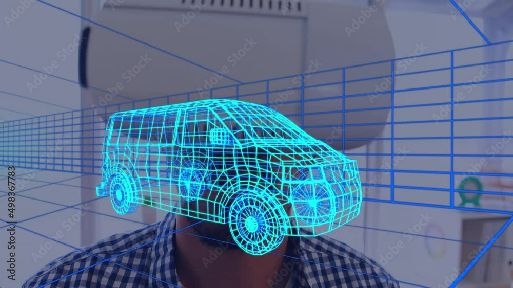 Animation of digital 3d drawing of car over man using vr headset Animation of digital 3d drawing of car over man using vr headset