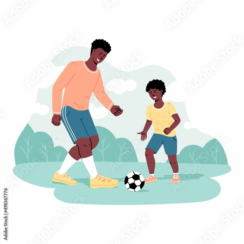 Smiling happy african american father and son having fun together playing football with soccer ball. Happy fatherhood and childhood concept. Vector trendy illustration