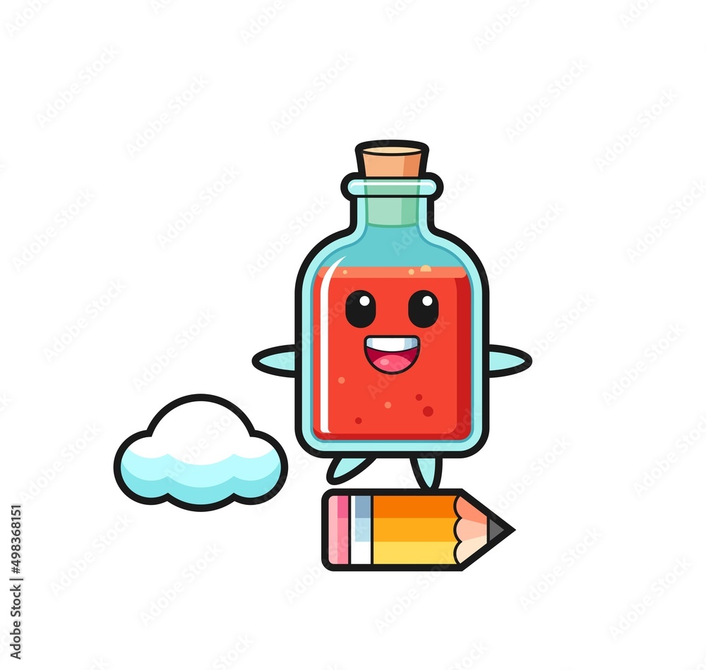 Obraz premium square poison bottle mascot illustration riding on a giant pencil