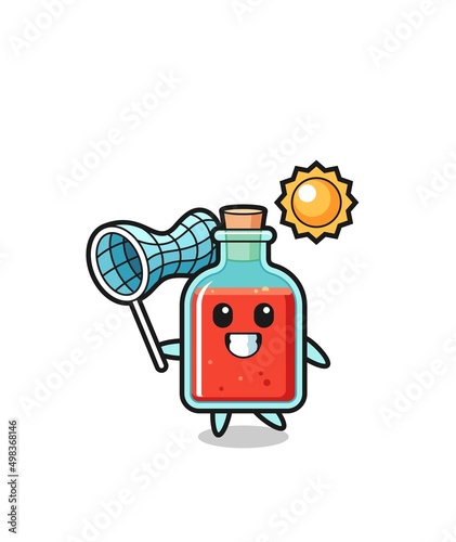 square poison bottle mascot illustration is catching butterfly