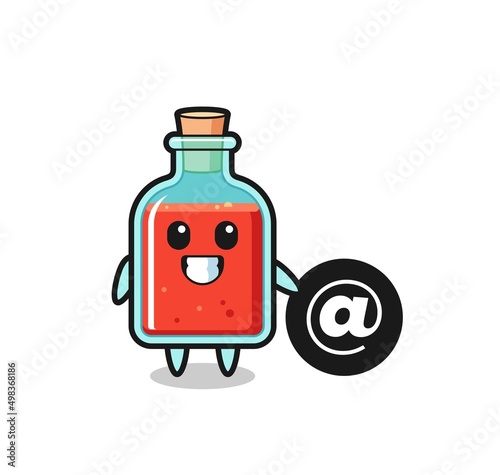 Cartoon Illustration of square poison bottle standing beside the At symbol
