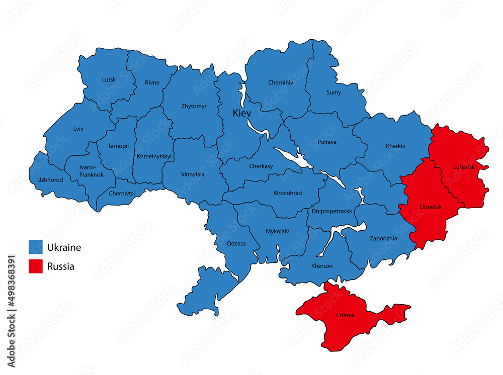 Obraz premium map of Ukraine, and regions of the Donetsk People's Republic, Luhansk People's Republic and Crimea annexed to Russia