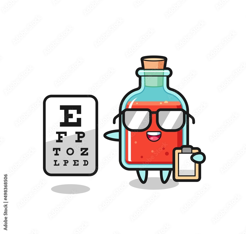 Illustration of square poison bottle mascot as an ophthalmology