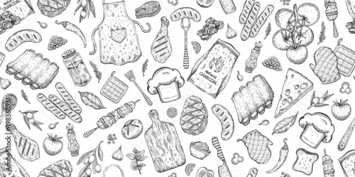 BBQ Seamless Pattern. Barbecue background, sketch style with grill vector food. Meat steak, beef kebab, fish, sausage, rib, sauce. Barbeque doodle hand drawn illustration. Vintage BBQ Restaurant menu