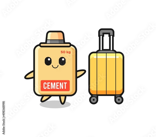 cement sack cartoon illustration with luggage on vacation