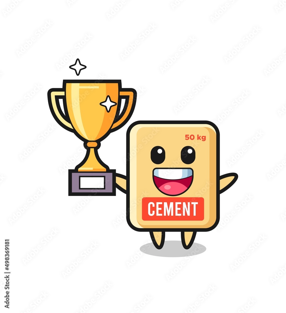 Cartoon Illustration of cement sack is happy holding up the golden trophy