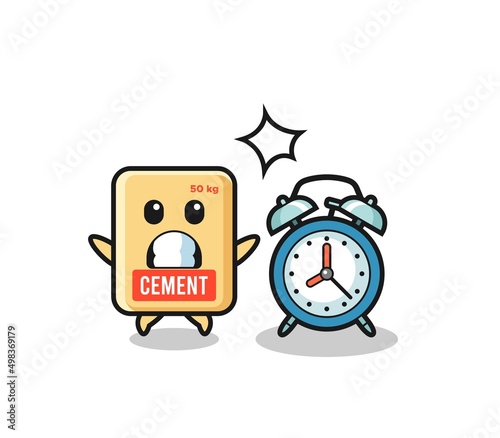 Cartoon Illustration of cement sack is surprised with a giant alarm clock