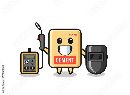 Character mascot of cement sack as a welder