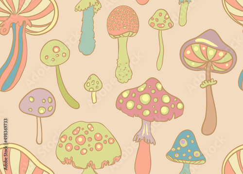 Magic mushrooms. Psychedelic hallucination. Vibrant vector illustration. 60s hippie colorful background, hippie and boho texture. Ttrippy wallpaper.