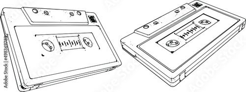 Cassette tape in different angles in vintage style outline