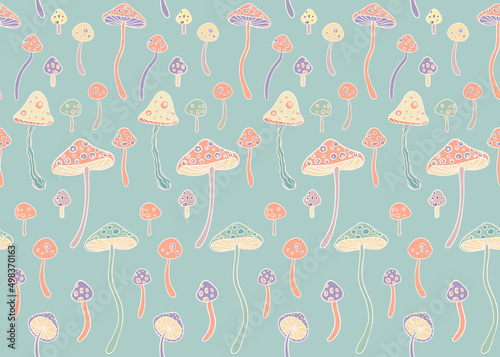 Magic mushrooms. Psychedelic hallucination. Vibrant vector illustration. 60s hippie colorful background, hippie and boho texture. Ttrippy wallpaper.