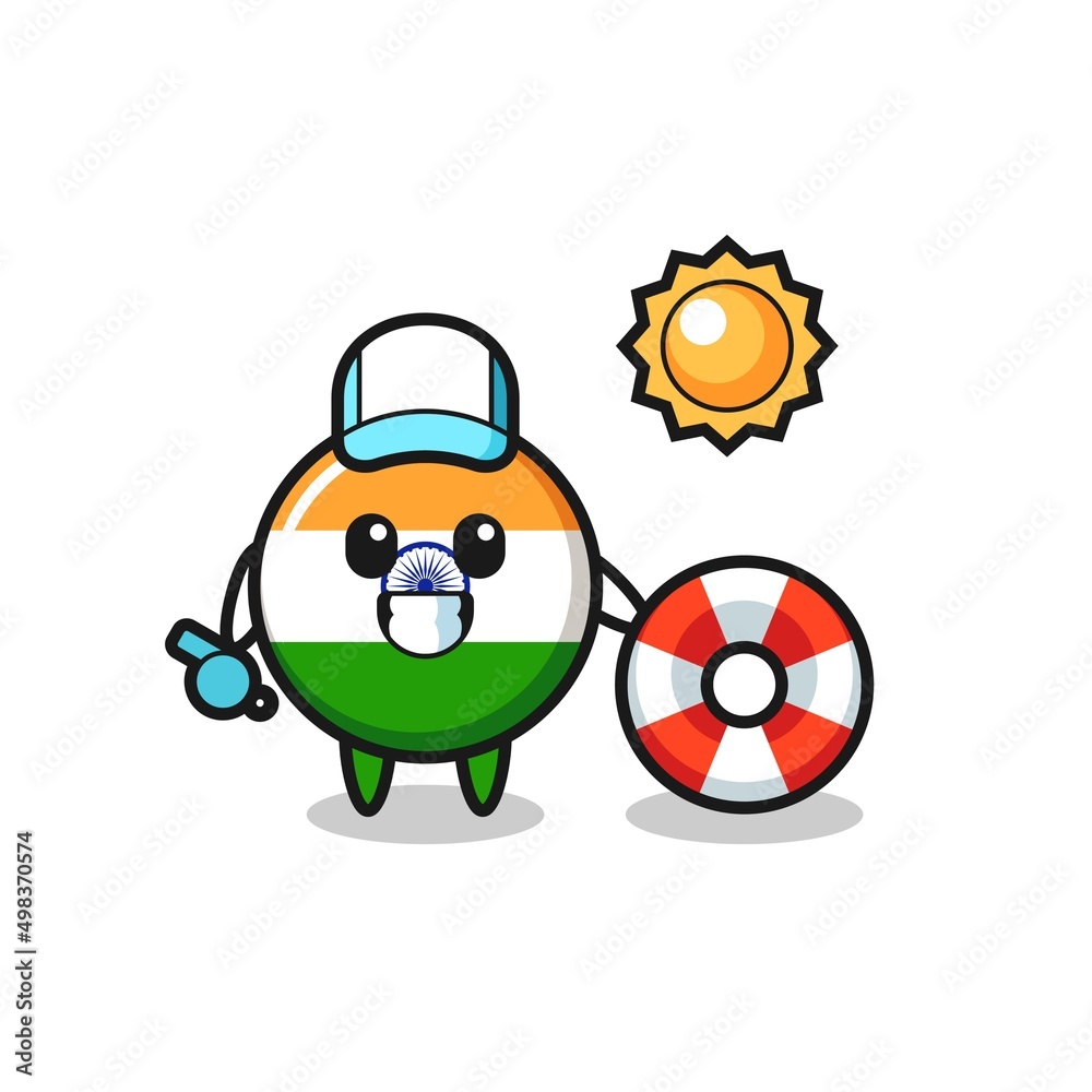 Cartoon mascot of india as a beach guard