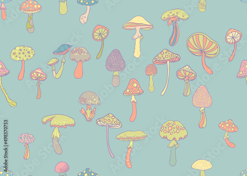 Magic mushrooms. Psychedelic hallucination. Vibrant vector illustration. 60s hippie colorful background, hippie and boho texture. Ttrippy wallpaper.